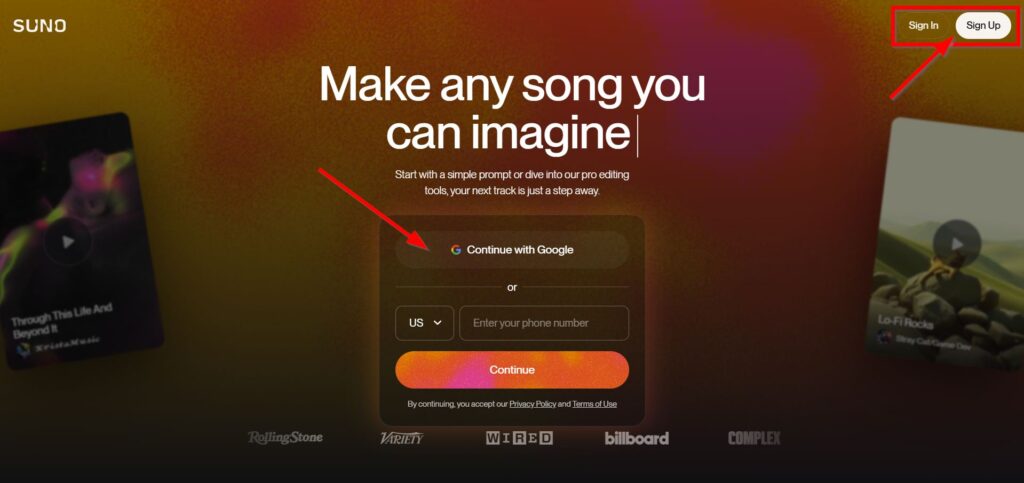 Create Account at Suno