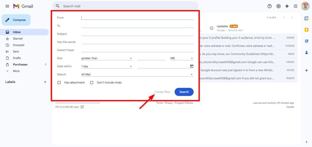 Enter Details Such as Sender, Subject, or Keywords